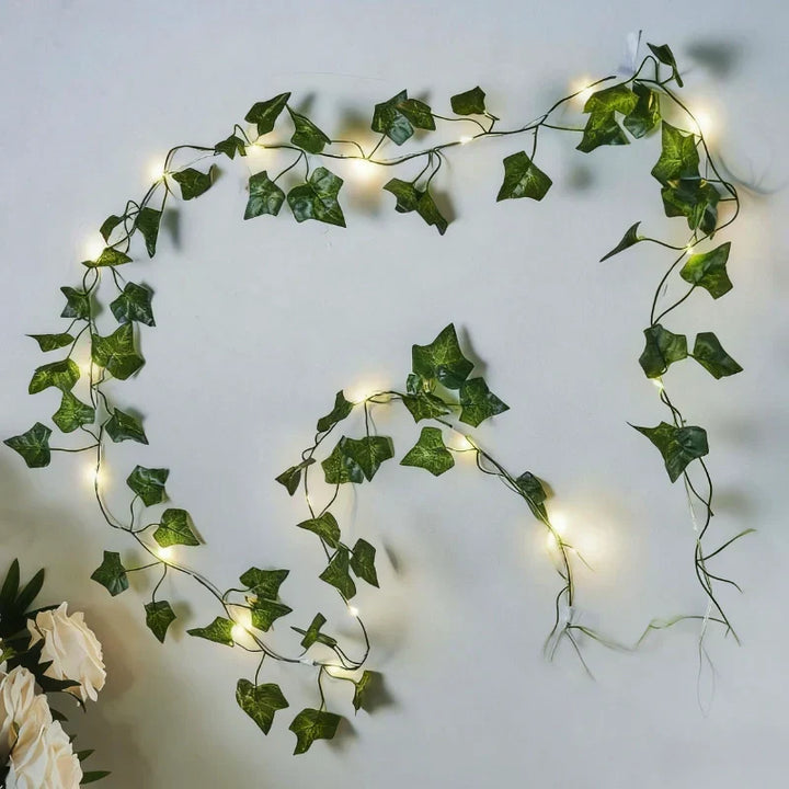 Decorative warm white LED leaf string lights, easy to install for instant ambiance.