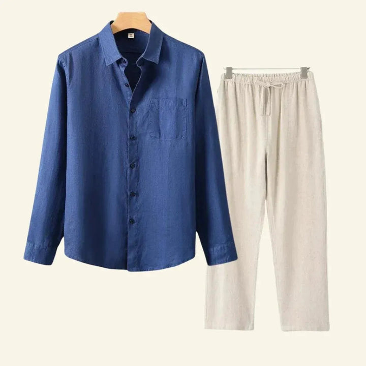 Men's effortless two-piece co-ord set: relaxed fit shirt & trousers. Perfect for casual summer fashion.