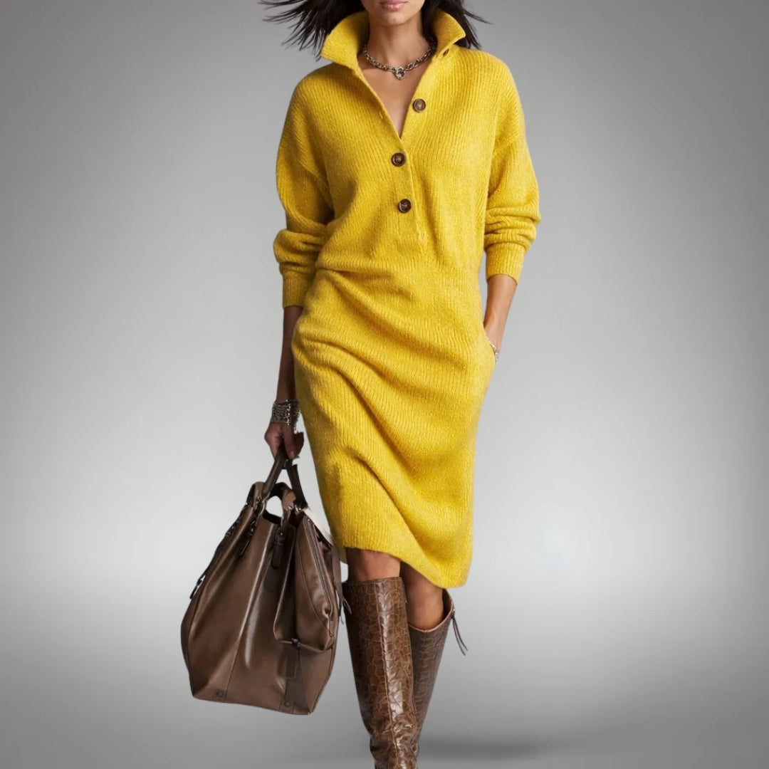 Elegant women's fashion midi dress, high neck design, comfortable & chic for any season.