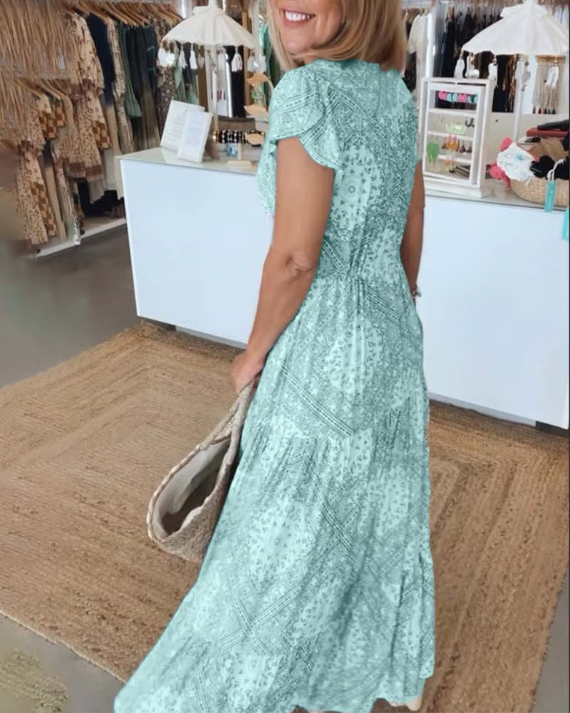 Elegant V-Neck Dress in White, Rosa, Blue