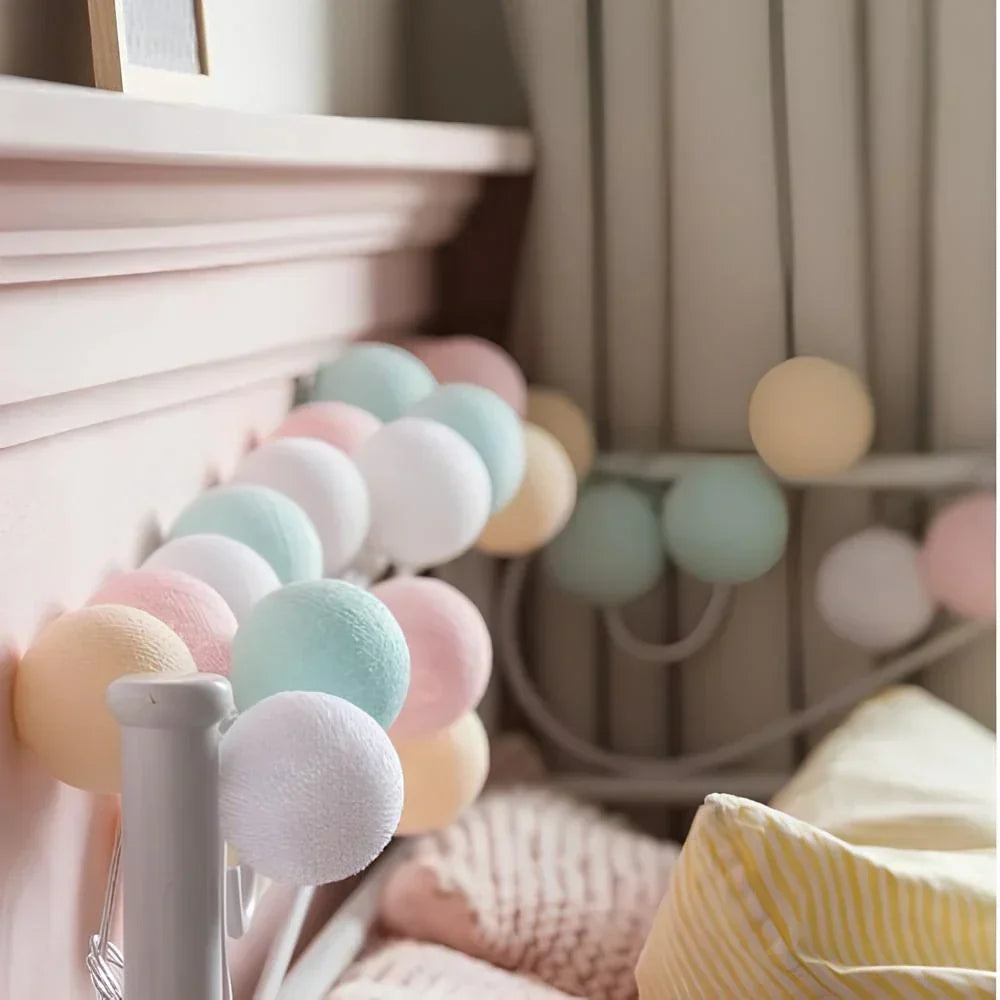 Long LED cotton ball string lights, ideal for decorating walls, windows, or headboards.