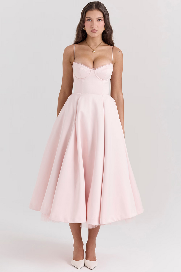 Effortlessly elegant women's formal midi dress, ideal for weddings and events.