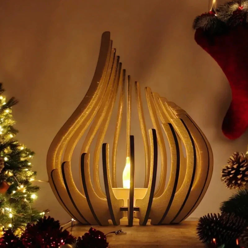 Handcrafted wooden candle holder, hollow carved wood art, perfect for ambient home decor.