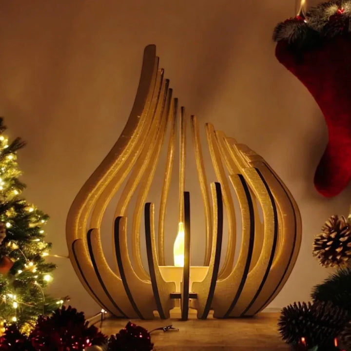 Handcrafted wooden candle holder, hollow carved wood art, perfect for ambient home decor.