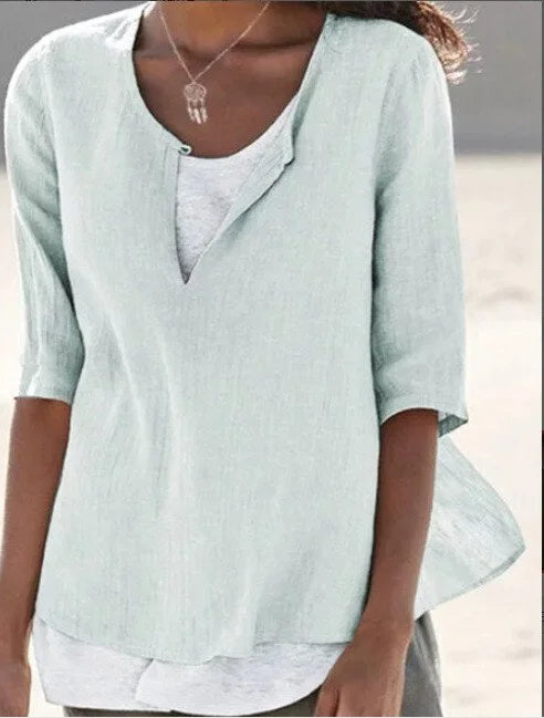 Cleo | Women's 3/4 Sleeve V-Neck Layered Linen Casual Blouse