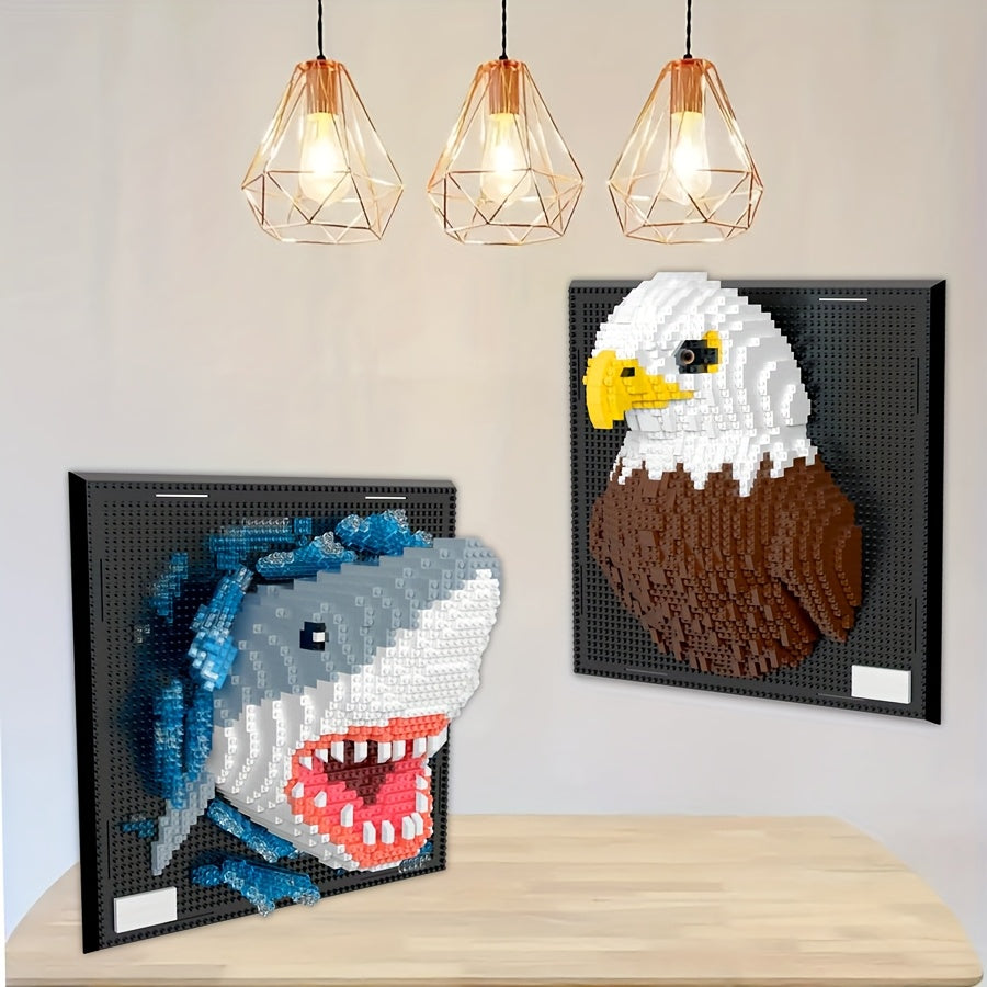 Creative 3D wall art building blocks featuring a shark & an eagle. Unique adult craft & home accent.