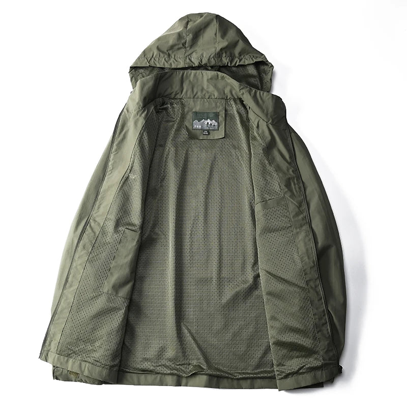 Versatile men's all-weather waterproof windbreaker, great for casual outings & hiking.