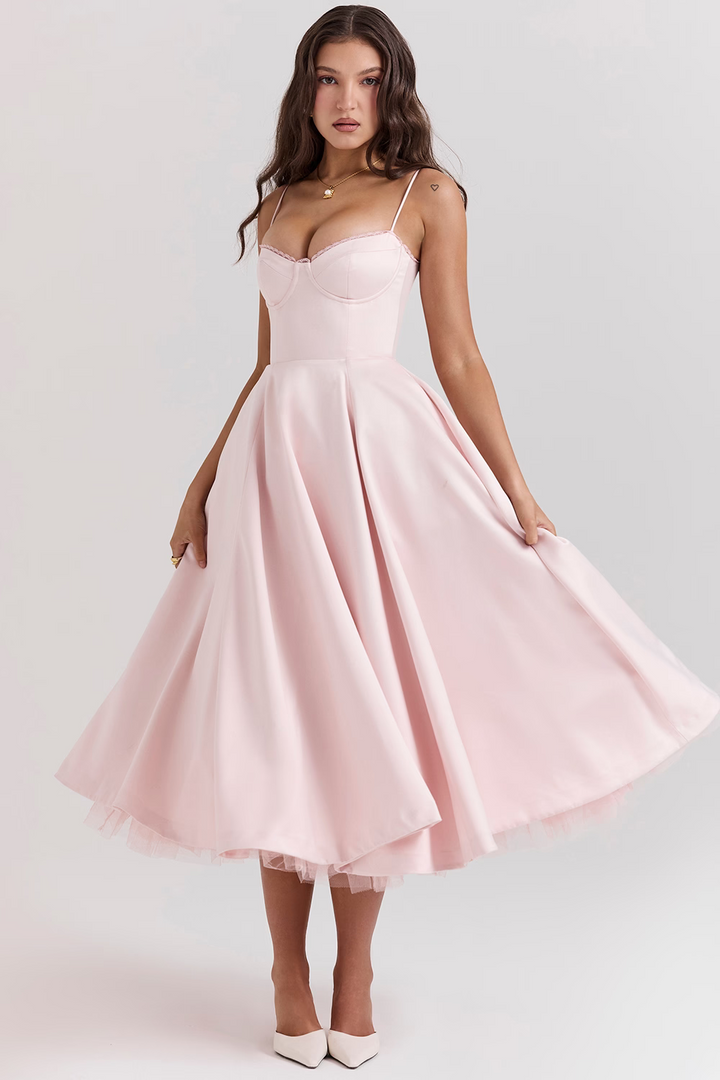 Chic women's party dress featuring a boned bodice and elegant midi length.