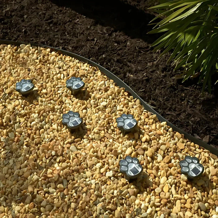Illuminate your garden with whimsical paw print solar path lights, waterproof automatic LED outdoor decor.