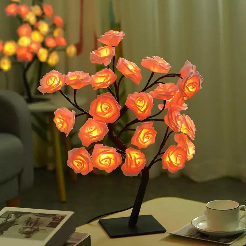 Glowing warm white LED rose blossom lamp, enhancing bedroom decor at night. Ambient light.