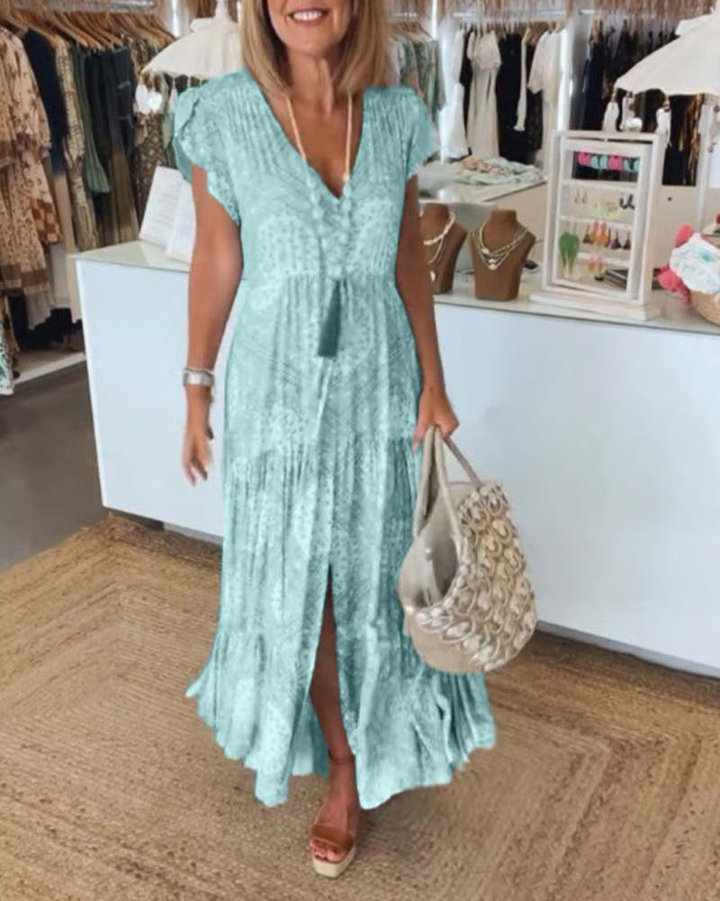 Elegant V-Neck Dress in White, Rosa, Blue
