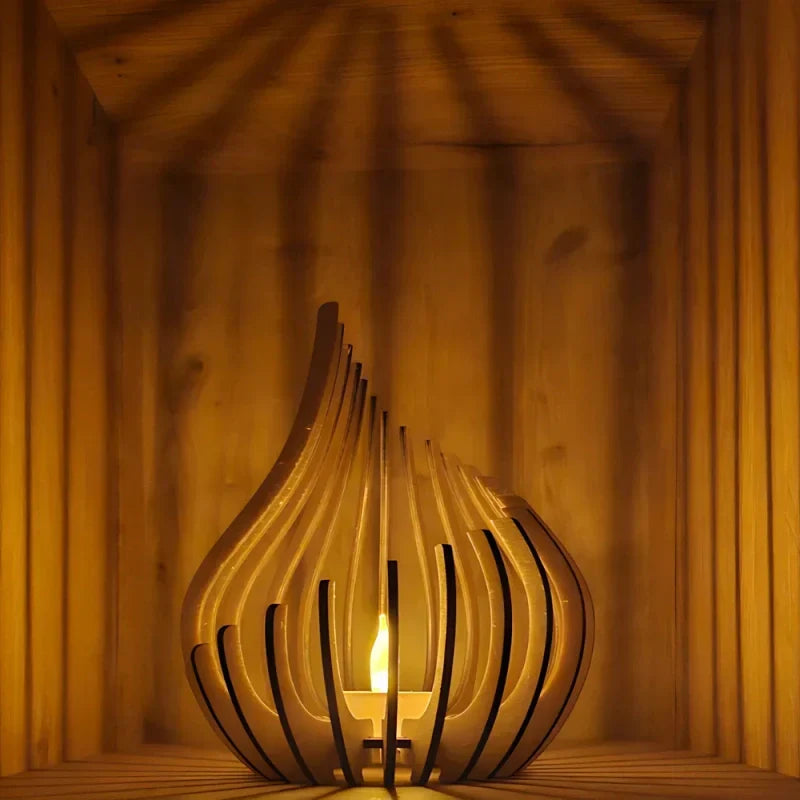 Elegant wooden candle holder, a hollow carved table centerpiece for rustic home decor.