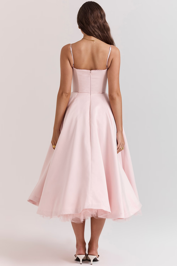 Stunning special occasion midi dress with a glamorous sweetheart neckline.