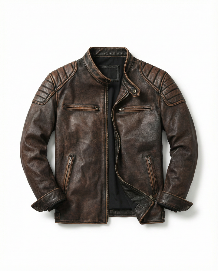 Rugged men's distressed leather biker jacket in a vintage style, ideal for casual wear & edgy streetwear outfits.