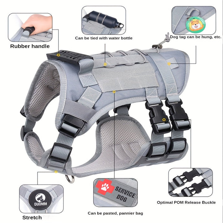 Sturdy tactical dog harness for large dogs featuring reflective elements for enhanced visibility & safety during walks.