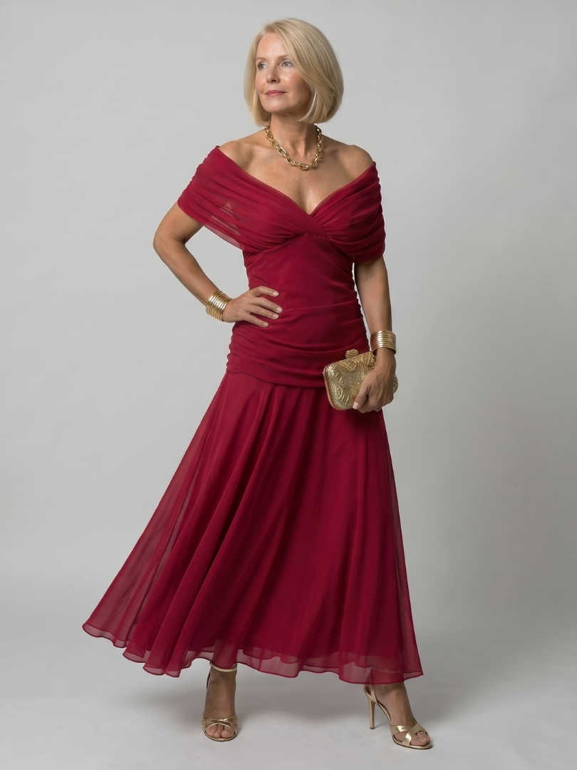 Comfortable & elegant off-shoulder midi dress for women, ideal for summer and evening events.