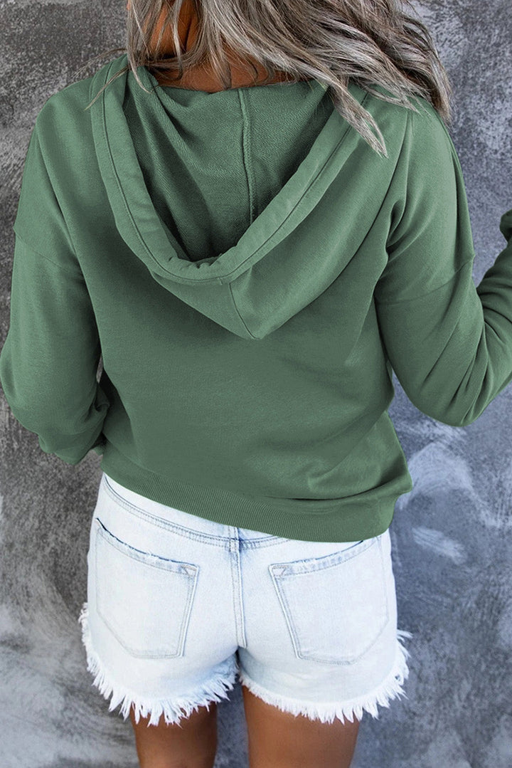 Navy blue women's cozy hooded sweater, a comfortable everyday pullover. Relaxed fit.