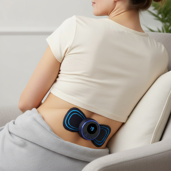 User applying unisex EMS massager pad for targeted sciatica & back pain relief. Utilizes nerve stimulation for comfort.
