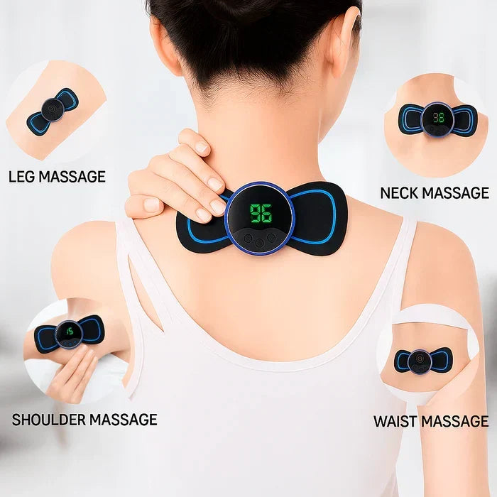 Portable EMS massager pad, targeting sciatica & chronic back pain. Ideal for on-the-go muscle relief & nerve stimulation.