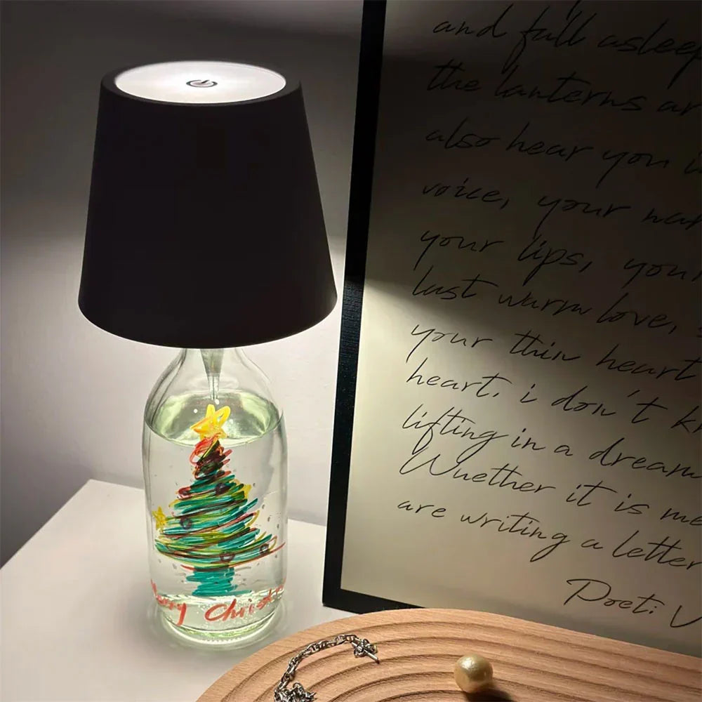 Universal LED bottle lamp, rechargeable and portable, enhancing home decor with soft, ambient light.