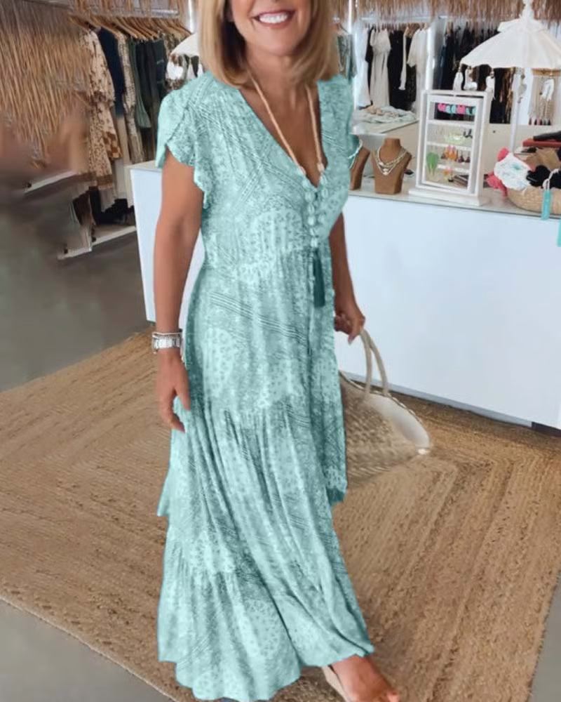 Elegant V-Neck Dress in White, Rosa, Blue