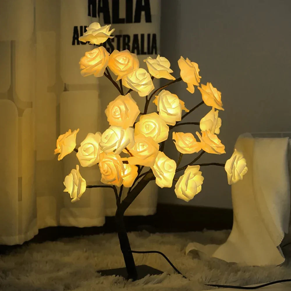 Full view of Nvroome LED Rose Blossom Bonsai Tree Lamp, emitting a warm white glow.
