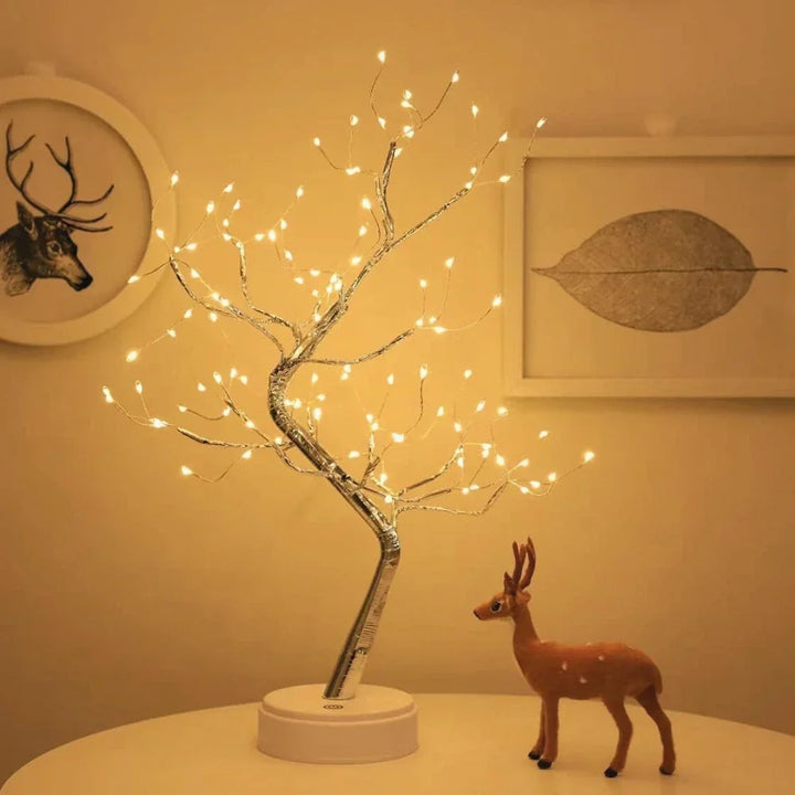 Cozy warm white LED bonsai tree lamp, fairy light decor for relaxing ambient home lighting.