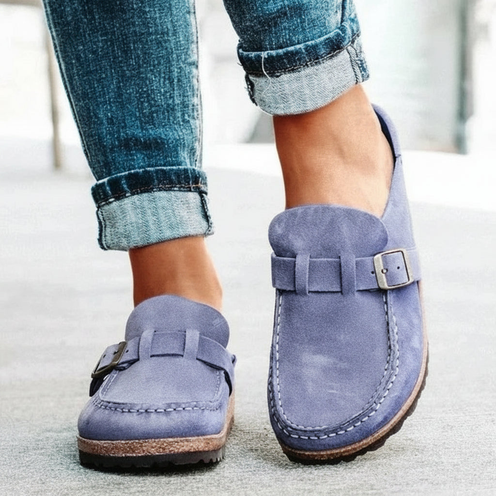 Stylish women's slip-on buckle slippers with comfort foam sole, available in purple, green, black, khaki, orange.