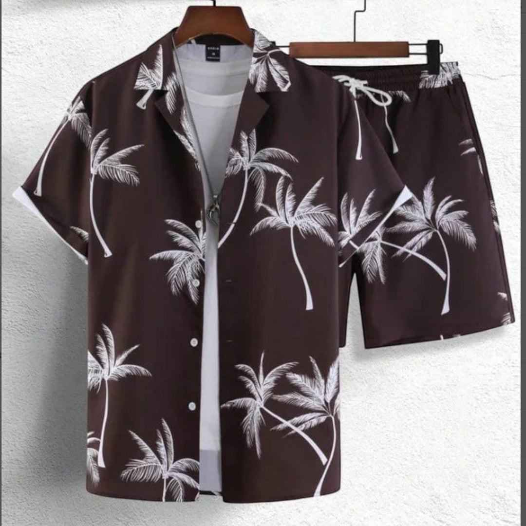 Men's vibrant tropical print shirt & shorts summer outfit, an essential two-piece set for beach & travel.