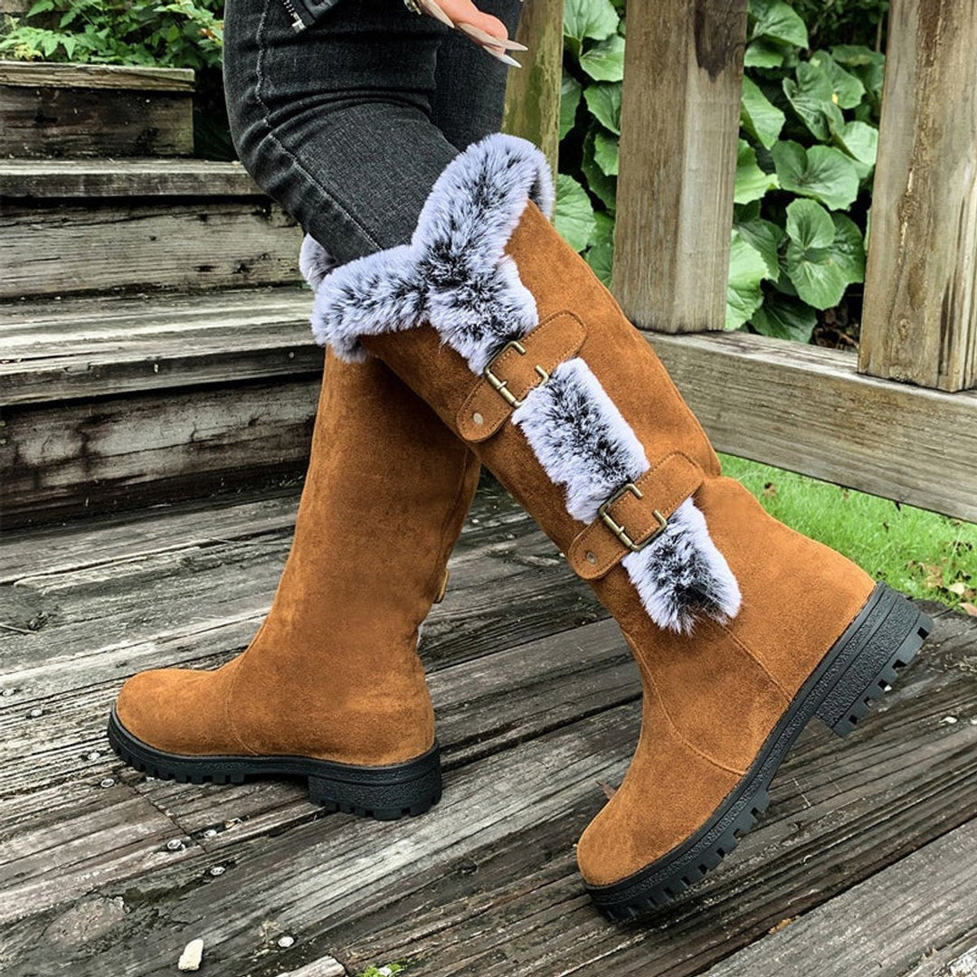 Brown fur-trim tall boots for women, featuring decorative buckles, warm & fashionable for fall/winter.
