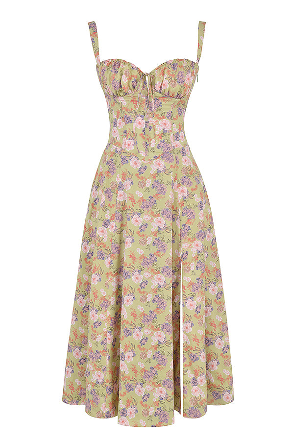 Elegant women's floral midi dress, sleeveless bustier design with a beautiful blossom print.