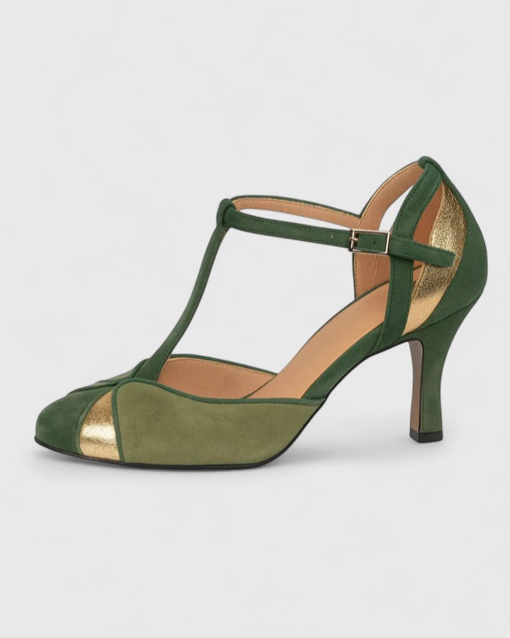 Elegant women's green orthopedic heels with arch support for all-day comfort. Perfect dress or party shoes.