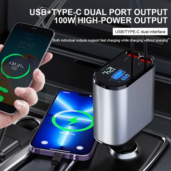 Efficient retractable car charger with USB-C for rapid phone charging on the go.