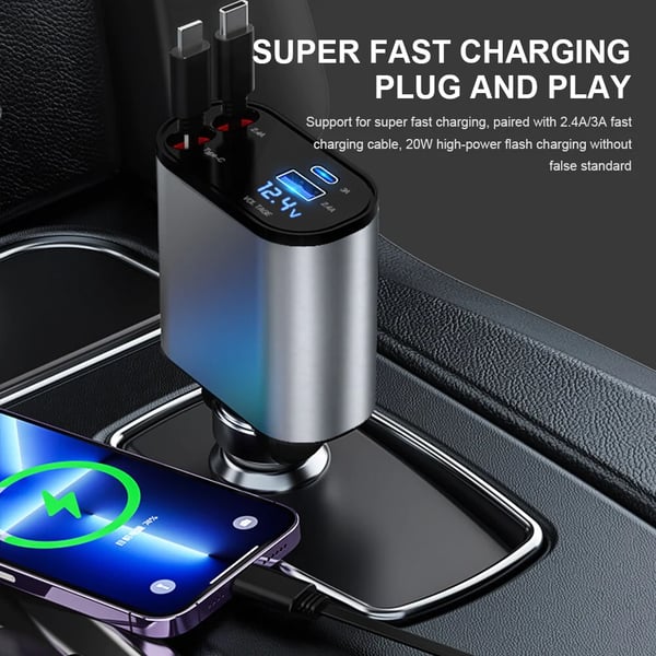 Compact retractable auto fast charger for iPhone & USB-C mobile devices.