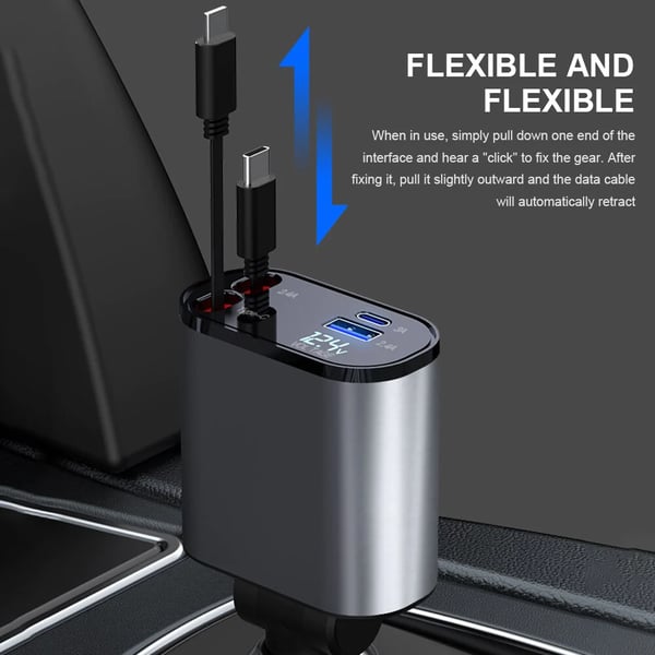 Fast charging retractable vehicle charger, compatible with all universal smartphones.