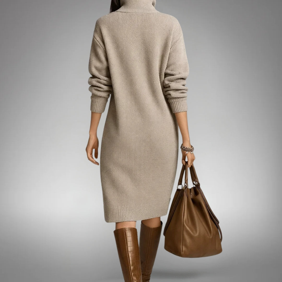 Sophisticated women's dress, high neck midi length, a key piece from Arabella Collection.