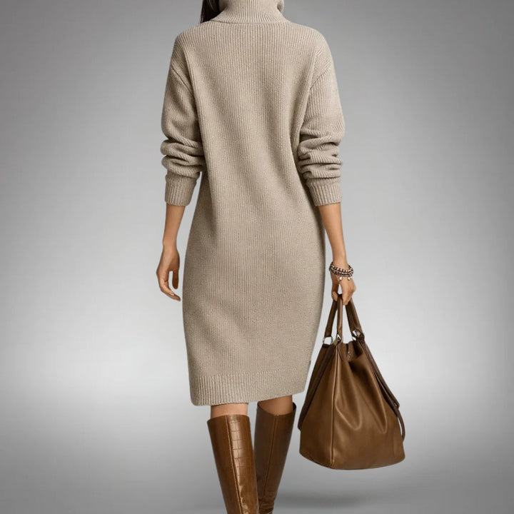 Sophisticated women's dress, high neck midi length, a key piece from Arabella Collection.