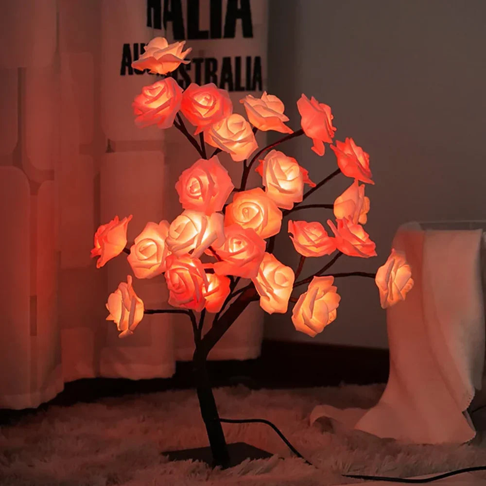 Artistic LED blossom lamp, mimicking a bonsai tree with glowing warm white roses. Home decor.
