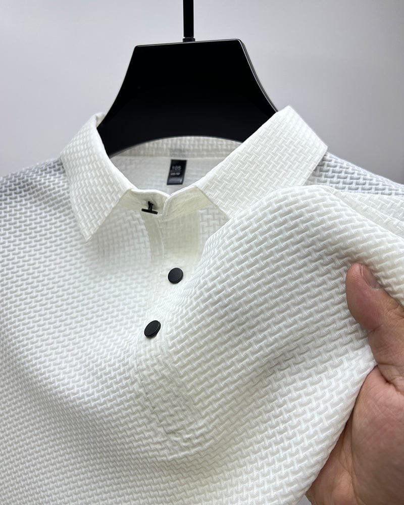 Menswear breathable button-up polo, ideal for a stylish, comfortable summer look.