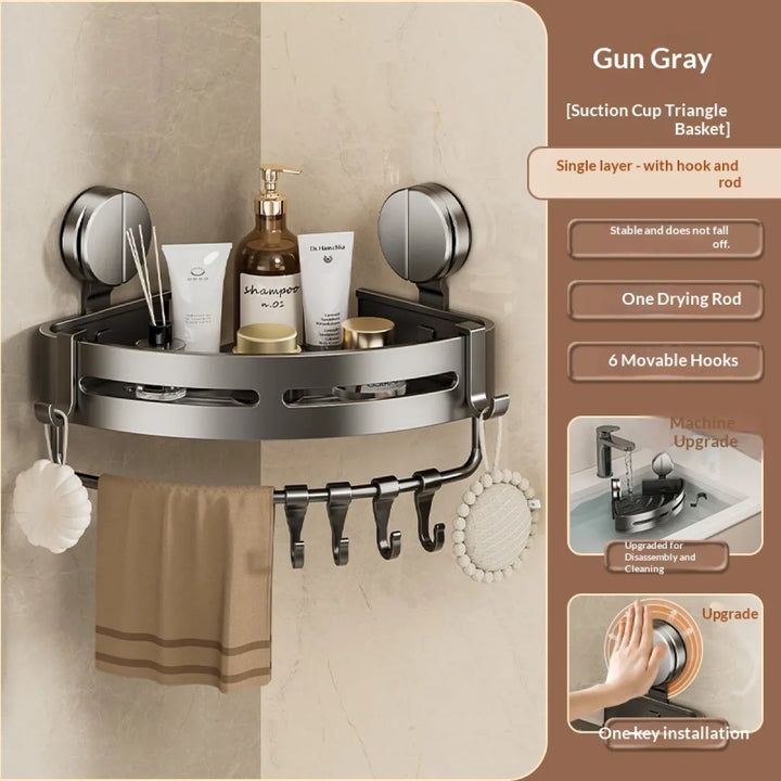 Luxury gun grey shower caddy with powerful suction cups, ideal for modern bathroom toiletries.