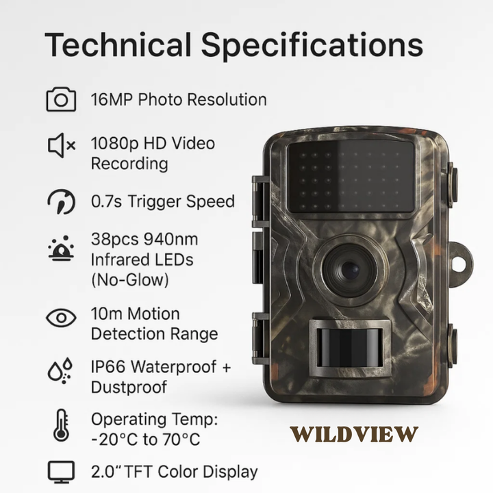 High-resolution 16MP Trail Camera for wildlife observation, featuring night vision and motion activation.