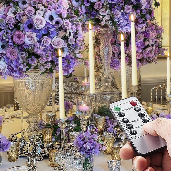 Decorative flameless taper LED candles. Battery-operated with remote control and timer for safe, indoor use.