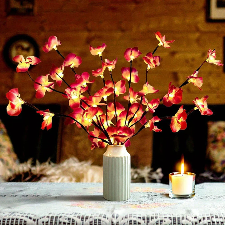 Cozy warm white LED flower branches, beautiful ambient lighting for modern home decor.