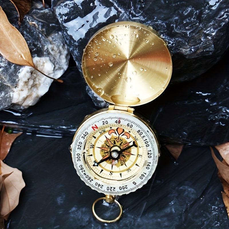 Glow-in-the-dark copper survival compass ensures clear navigation during night hikes & camping adventures.