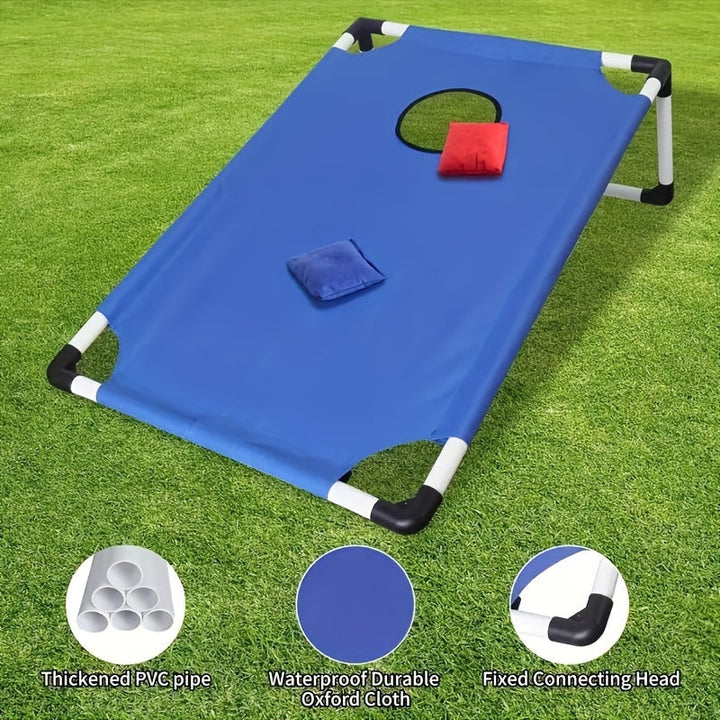 Smiling family playing a portable cornhole bean bag toss game outdoors, enjoying leisure time & entertainment.