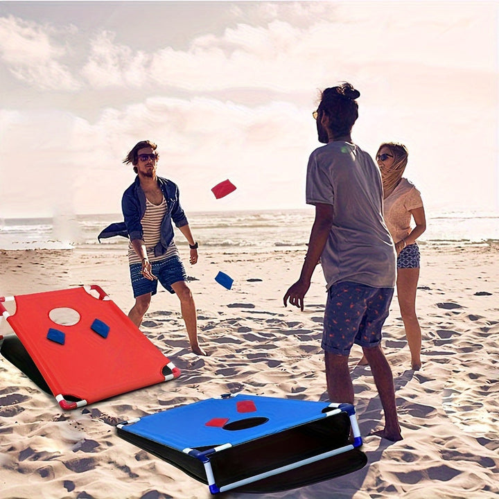 Portable cornhole game set for outdoor family fun. Includes durable boards, bean bags, perfect for yard games.