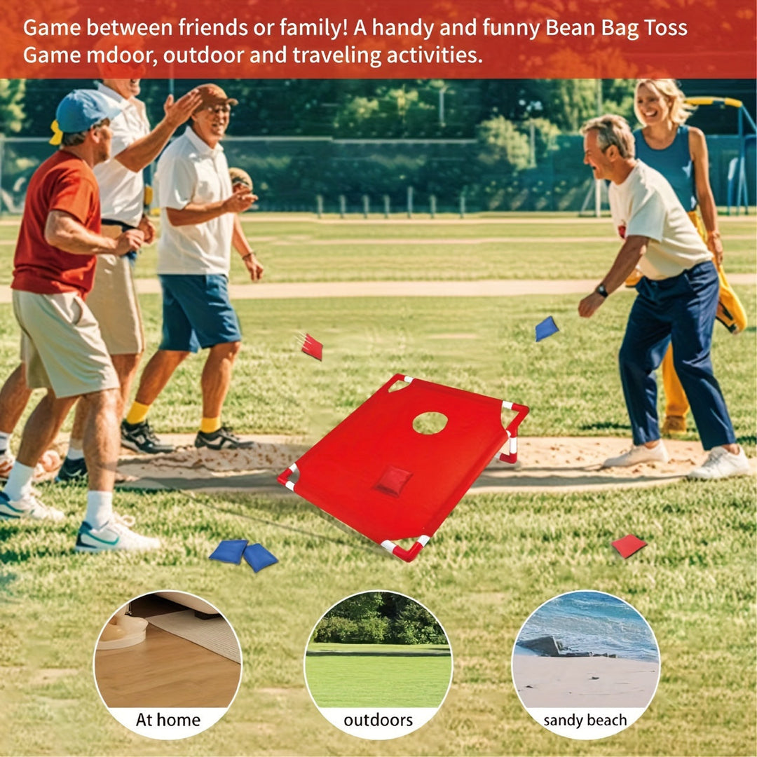 A bean bag flying towards a portable cornhole board during a lively outdoor game, showing fun & action.