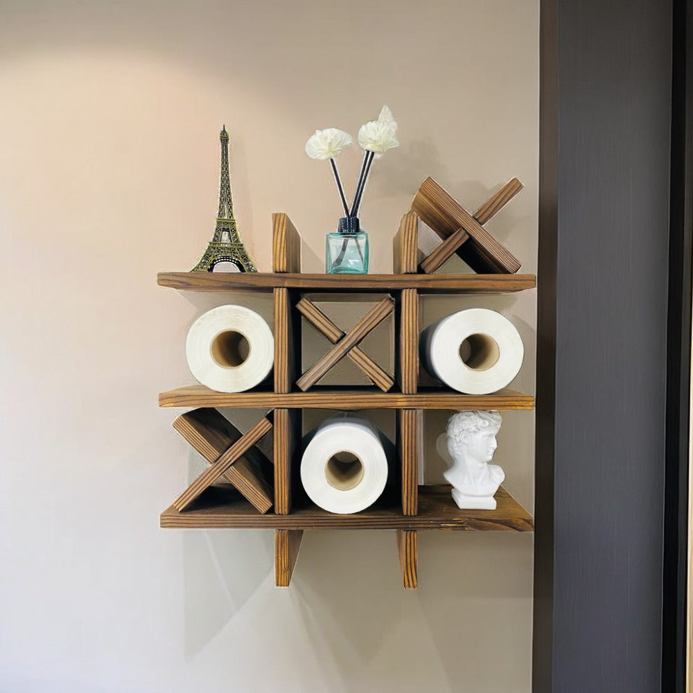 Handcrafted pine wood toilet paper holder, rustic wall mount for bathroom storage.