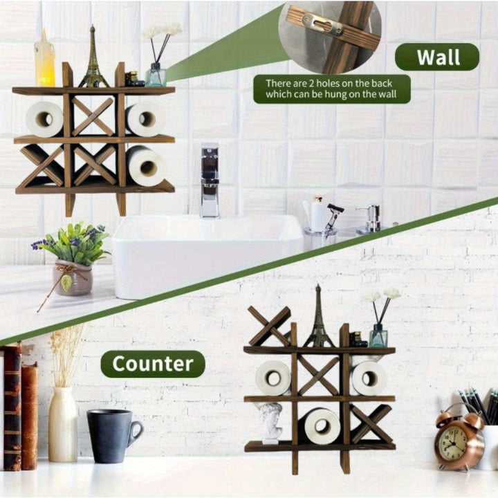 Artisan rustic wooden toilet paper holder, wall-mounted for a cozy bathroom aesthetic.