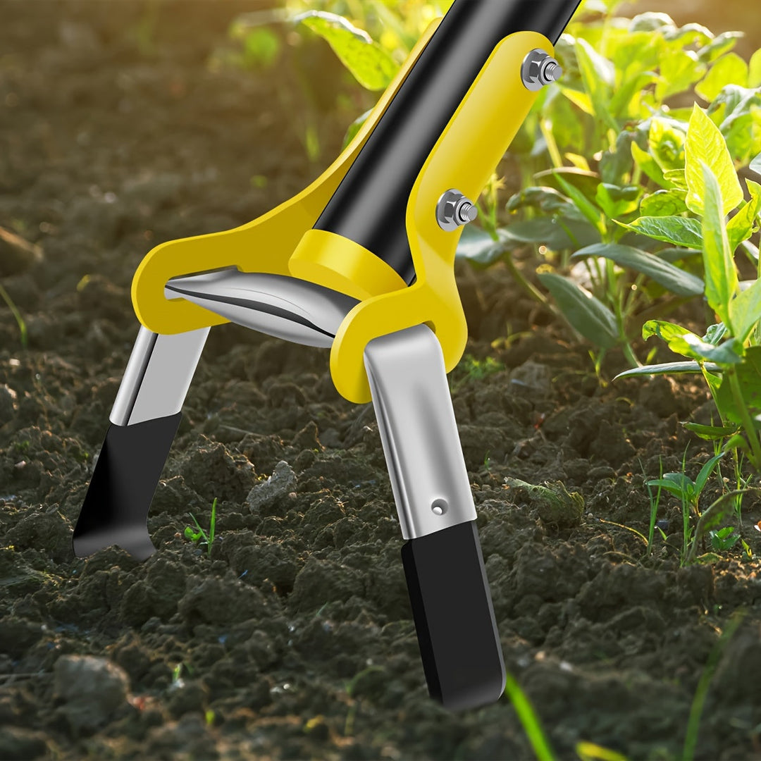 Stainless steel soil cultivator, triangular head for aerating & loosening garden beds.
